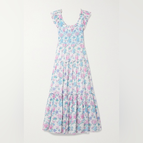 LoveShackFancy Chessie Smocked Floral-print Midi Dress - Blue Size Medium - Picture 2 of 6